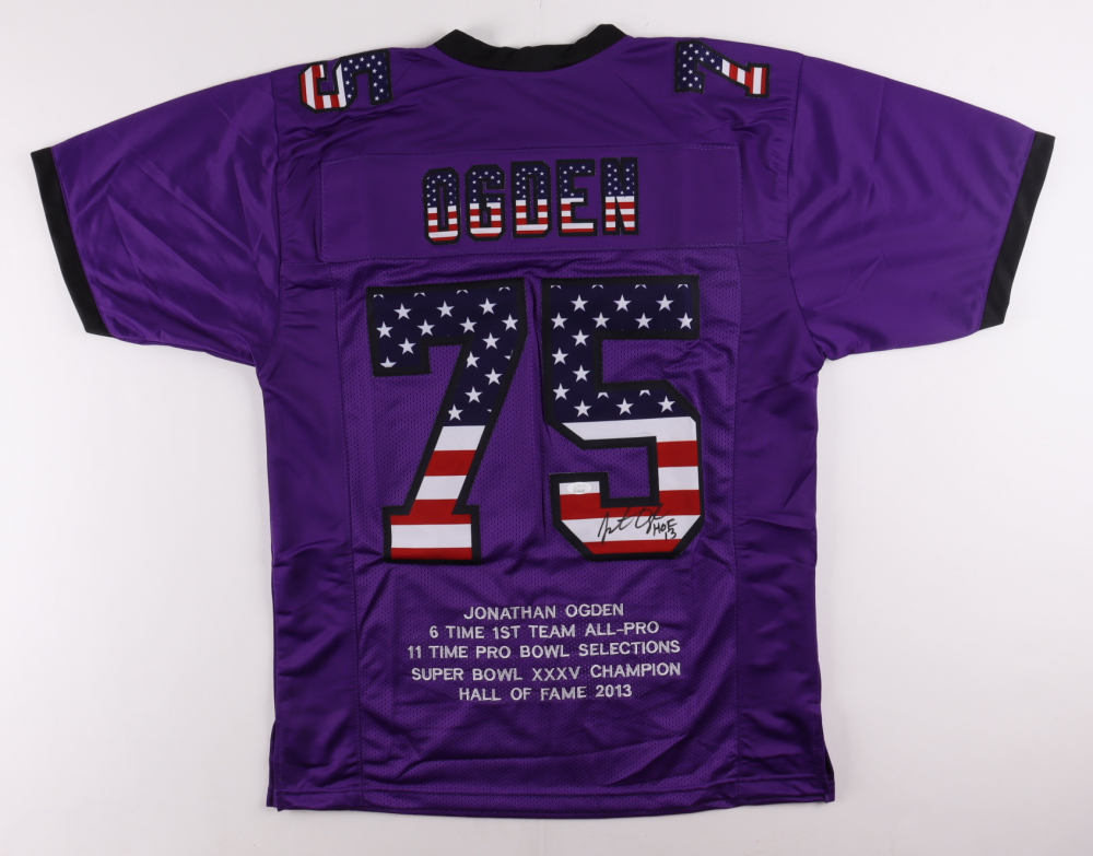 Jonathan Ogden Signed Career Highlight Stat Jersey Inscribed HOF 13 (JSA)